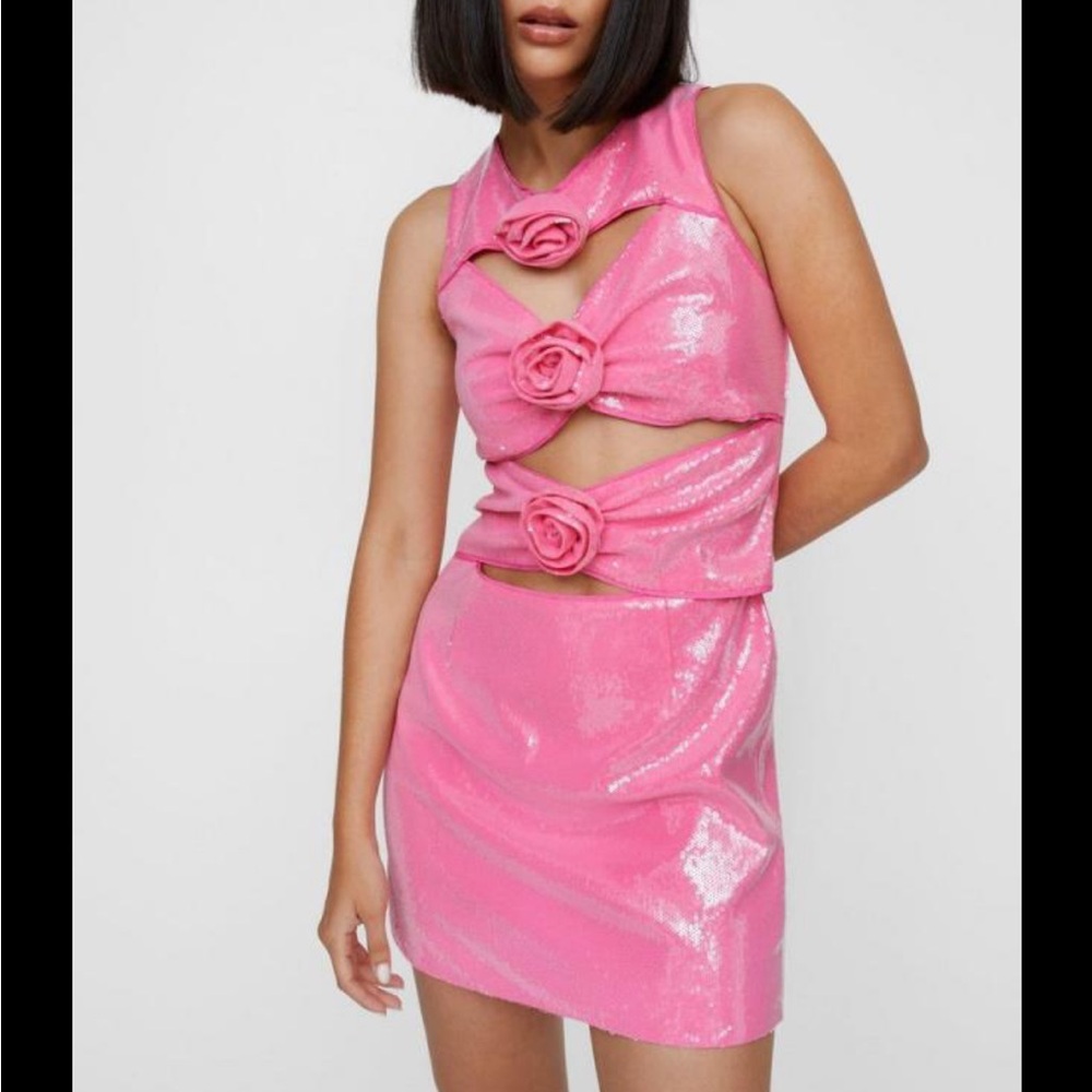 Pink sequin flower mini dress